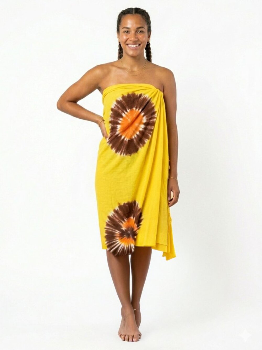 Vintage Boho Floral Abstract Sarong Wrap Swim Cover Up Tassel Hem Yellow Orange